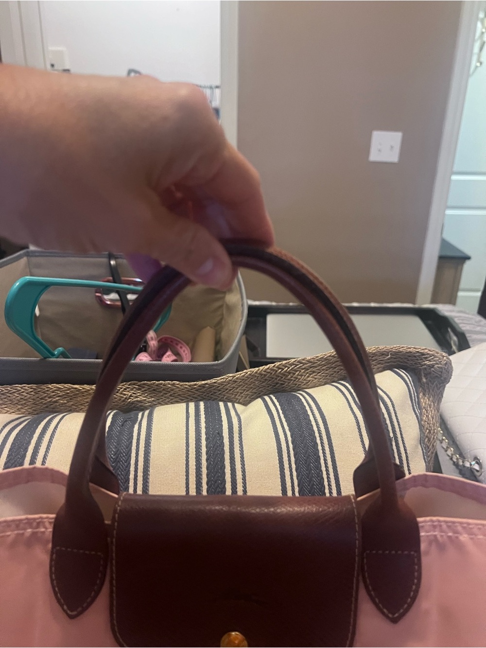Longchamp Pink Tote with Brown Leather Trim - Picture 6 of 6